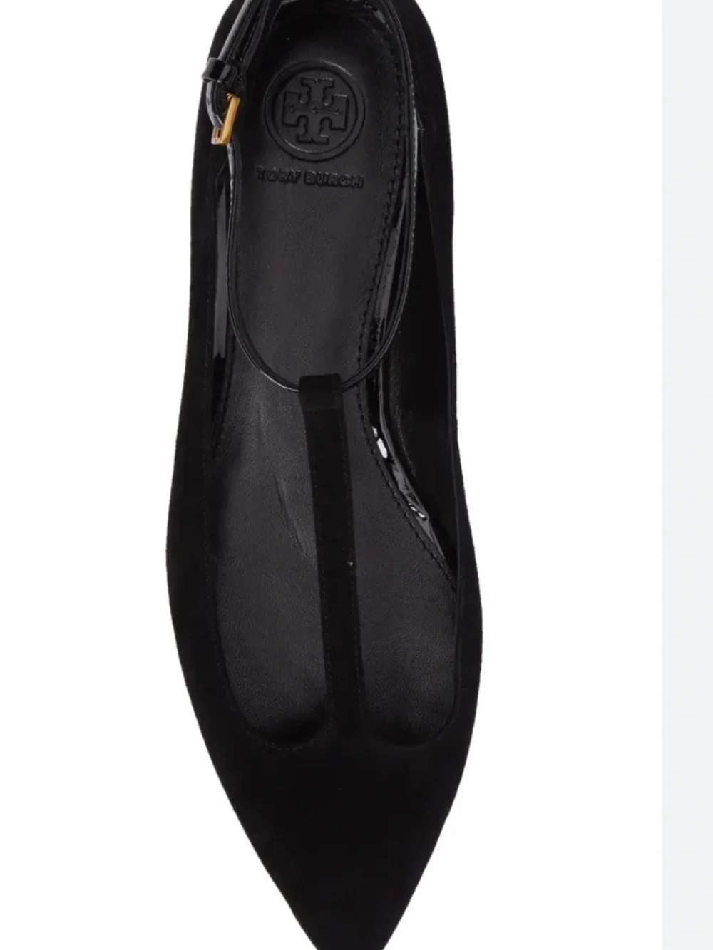 Tory Burch Black Pointed T-Strap Suede & Patent Flat